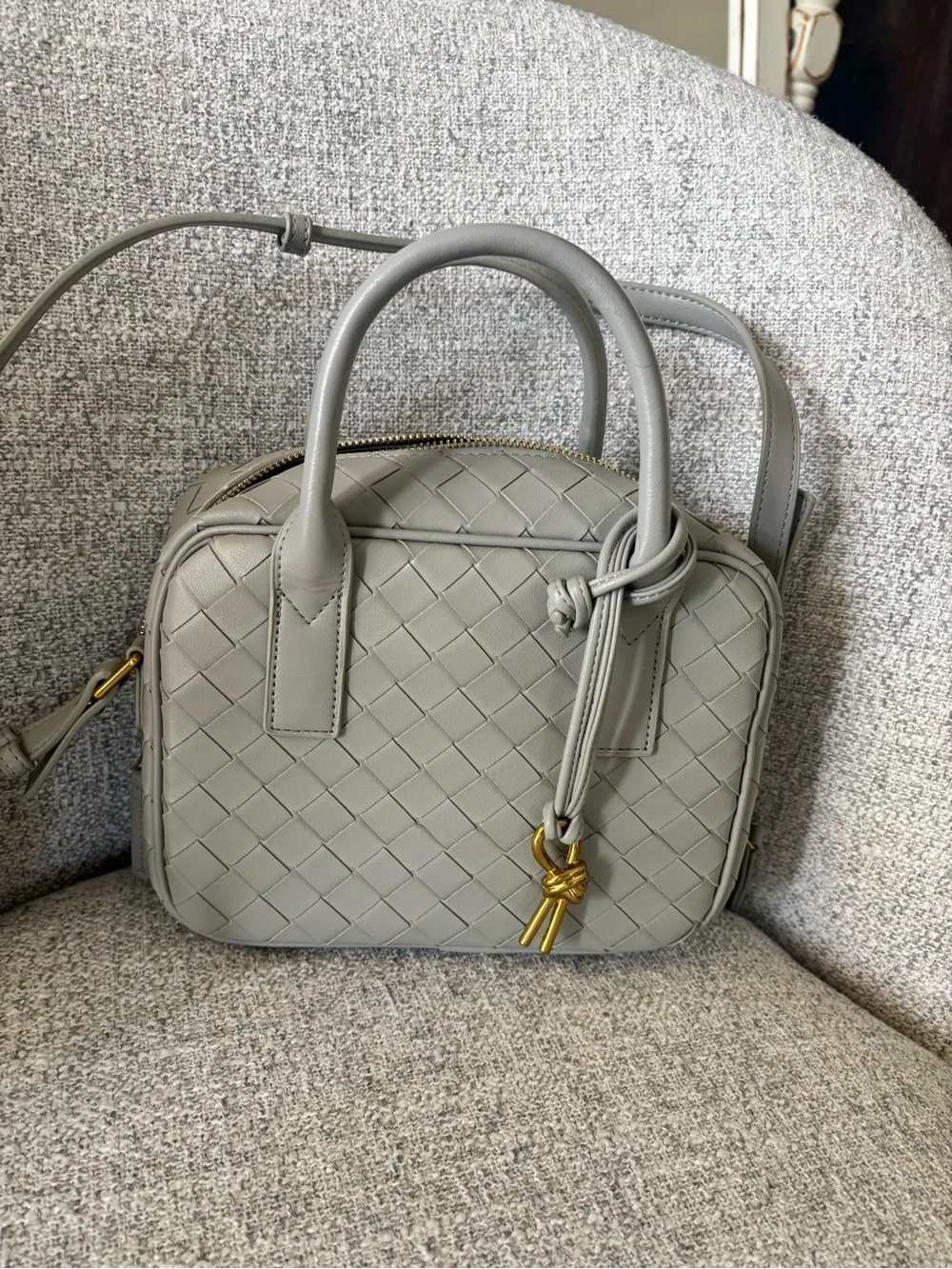 Woven Leather Top-Handle Bag in Light Gray - Picture 1 of 2